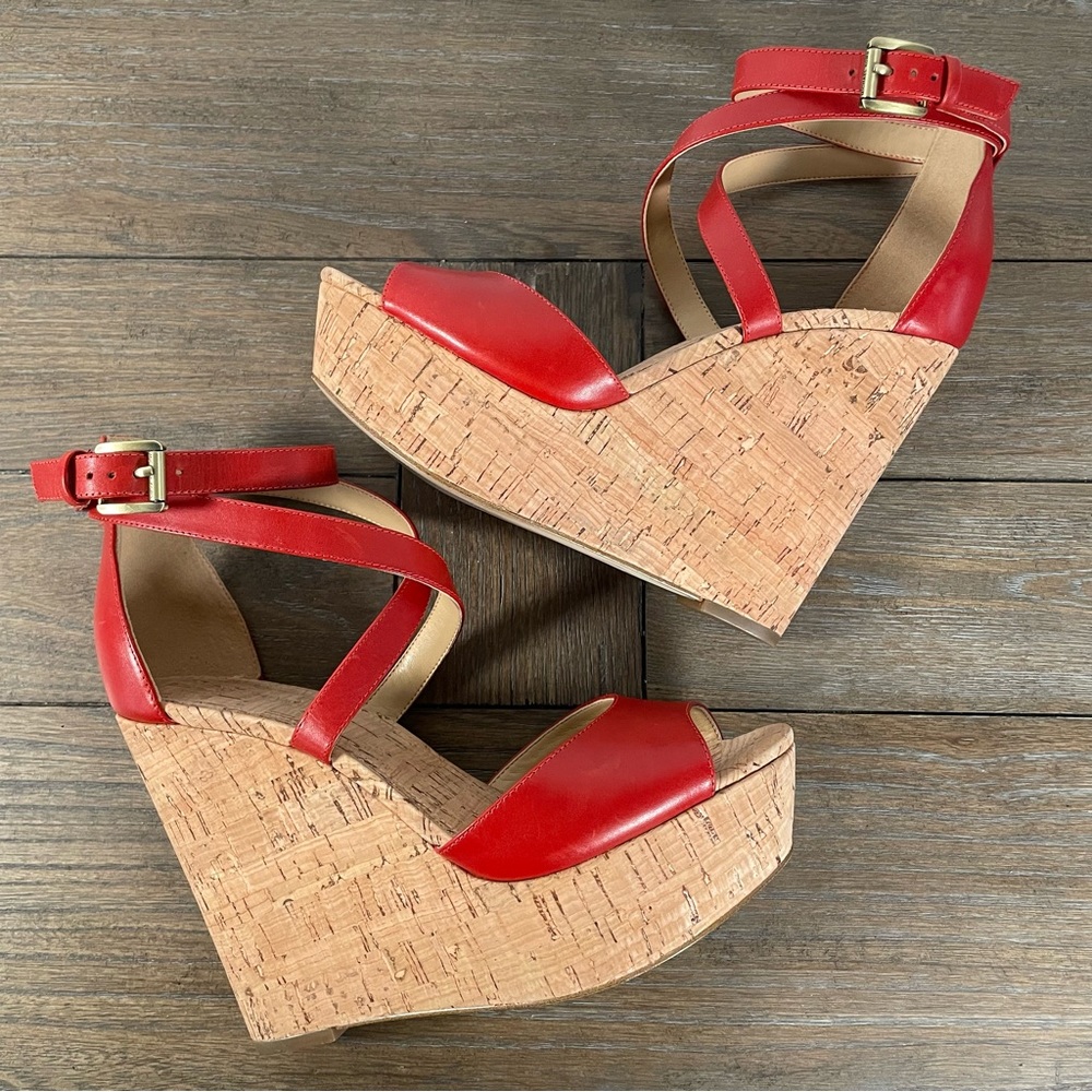Michael Kors Gabriela Strappy Leather Cork Platform Wedge Heels